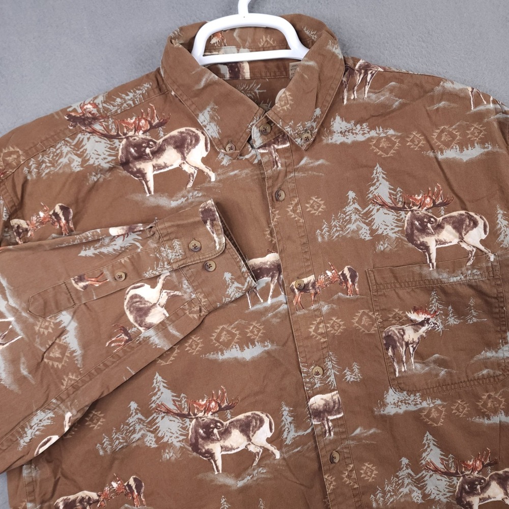 North River Mens Large‎ Brown Moose Print Cotton Button Down Long Sleeve Shirt